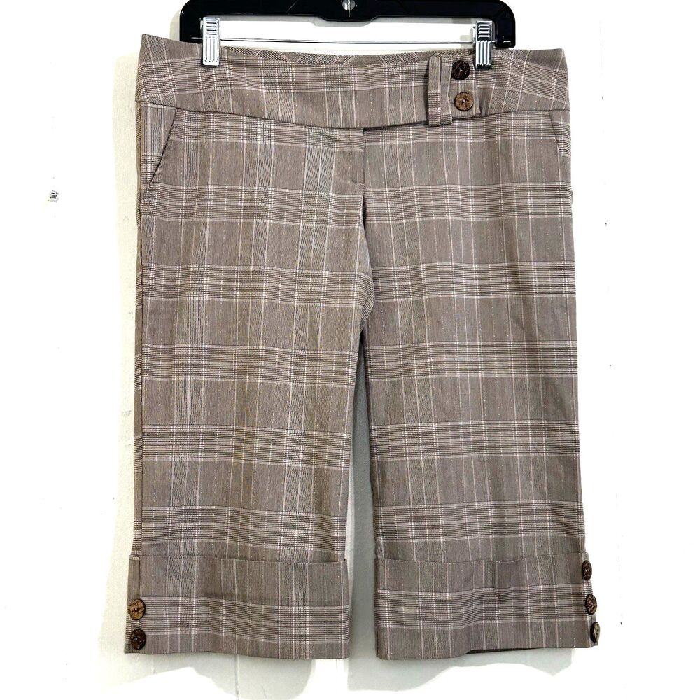 Crystal Candy Vintage Y2K Tan Brown Cuffed Capri Pants Size Large Plaid Pockets